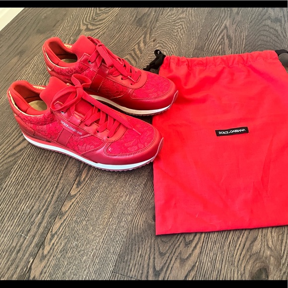 Dolce & Gabbana Red Floral Lace Leather Sneakers - Picture 2 of 7